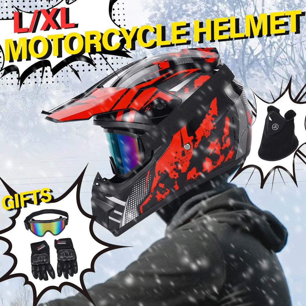 DOT Approved Motocross Helmet Combo Kit for Adult, L/XL Size Full Face Off-Road Helmet with Goggles Gloves Mask for ATV UTV Dirt