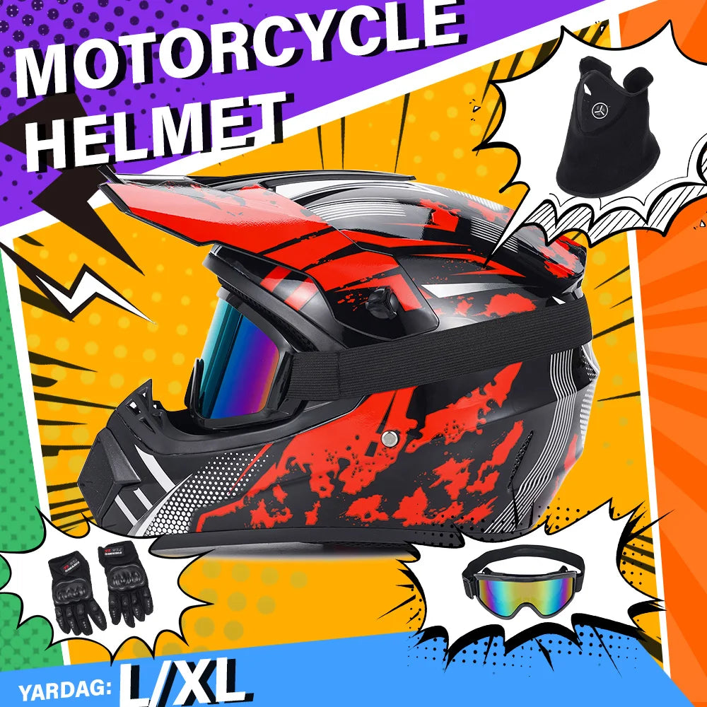 DOT Approved Motocross Helmet Combo Kit for Adult, L/XL Size Full Face Off-Road Helmet with Goggles Gloves Mask for ATV UTV Dirt